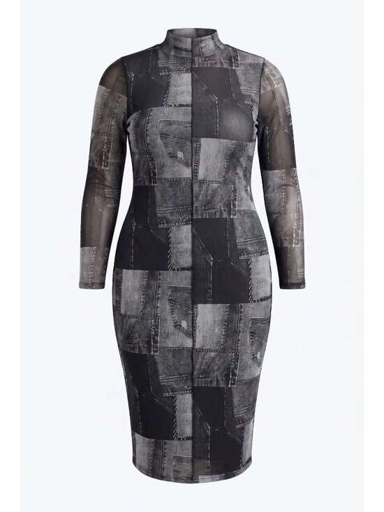 Intempo Dresses & Skirts - INTEMPO Womens 0X Denim Print Mesh Bodycon Maxi Dress Mock Neck Plus Size NEW